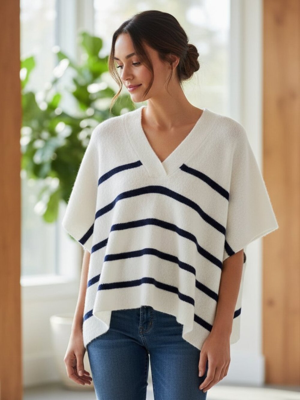 NEW Loft M/L Cream Blue Striped Poncho Sweater Boho Scandi Oversized Casual